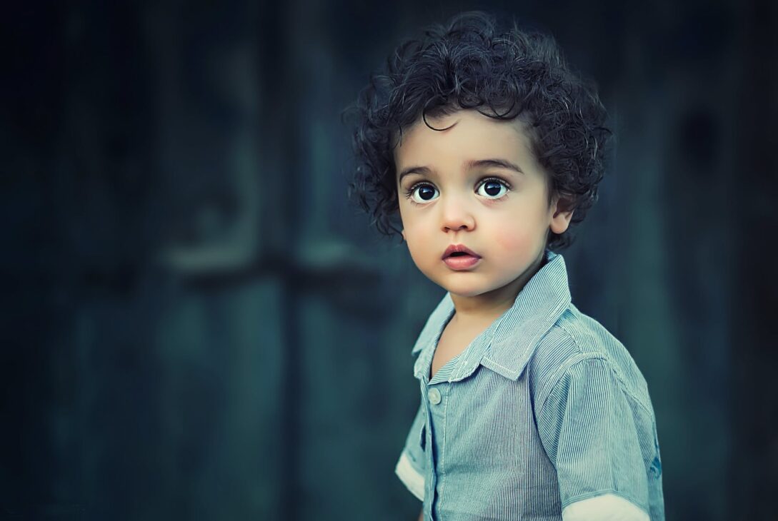 toddle wearing gray button collared shirt with curly hair